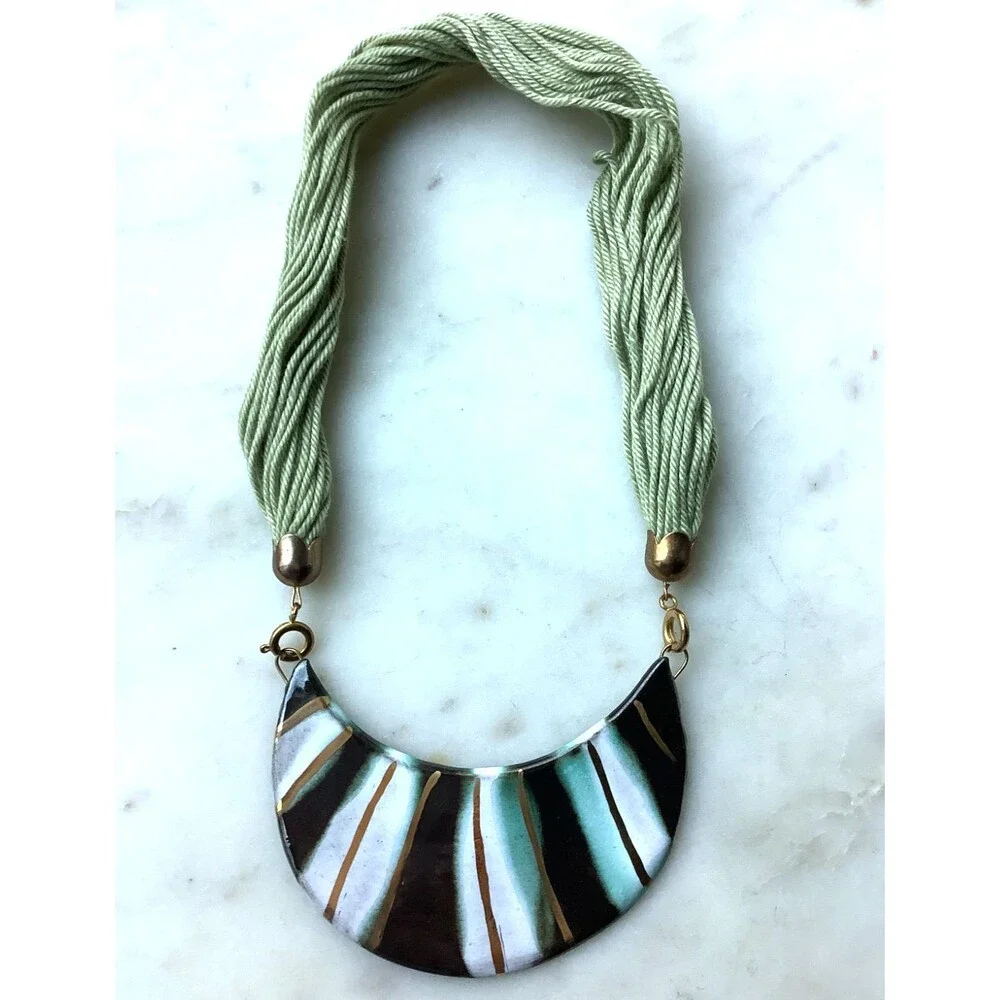 Vintage Ceramic Necklace Bib Statement Handmade in Austria Black Green Gold